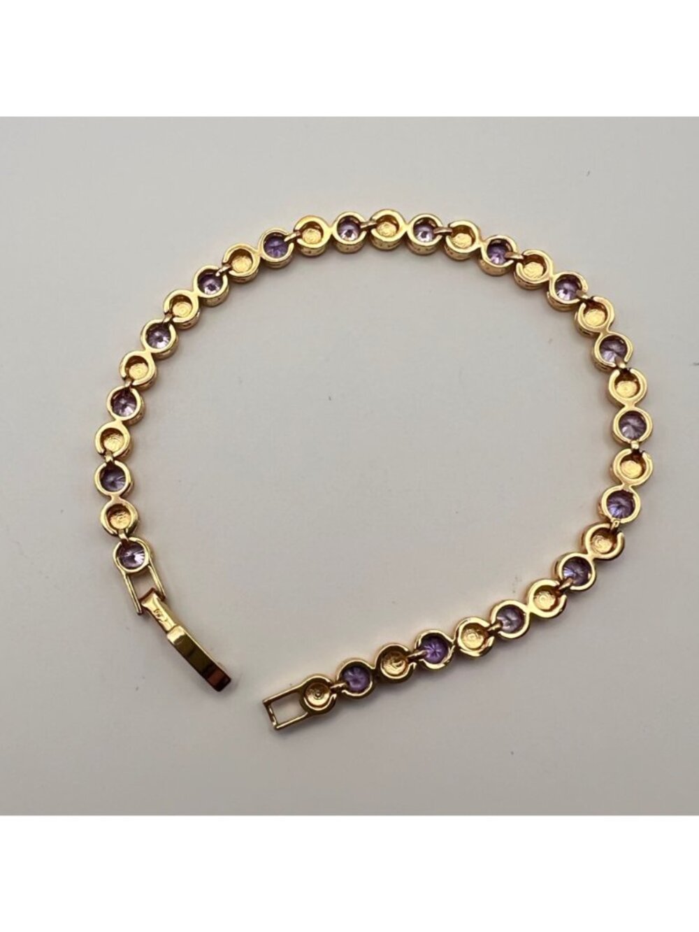 Purple CZ Gold-Tone Bracelet Bezel Set Tennis 7.5" Signed CM Stack Dainty Dressy - Picture 7 of 9